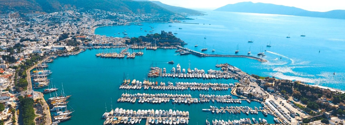 Bodrum, Turkey - aerial view of marina with boats